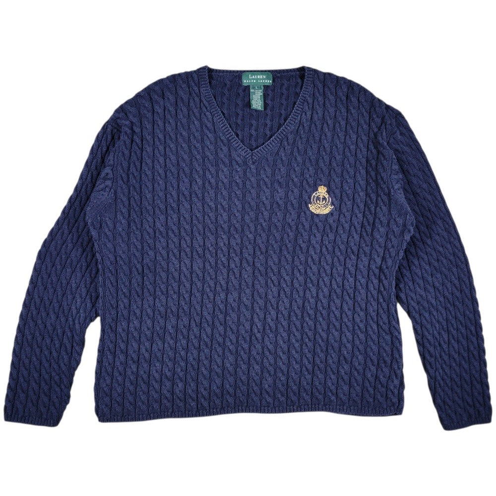 LRL Ralph Lauren Sweater Womens Large Navy Chunky Cable Knit V-Neck Crest Preppy
